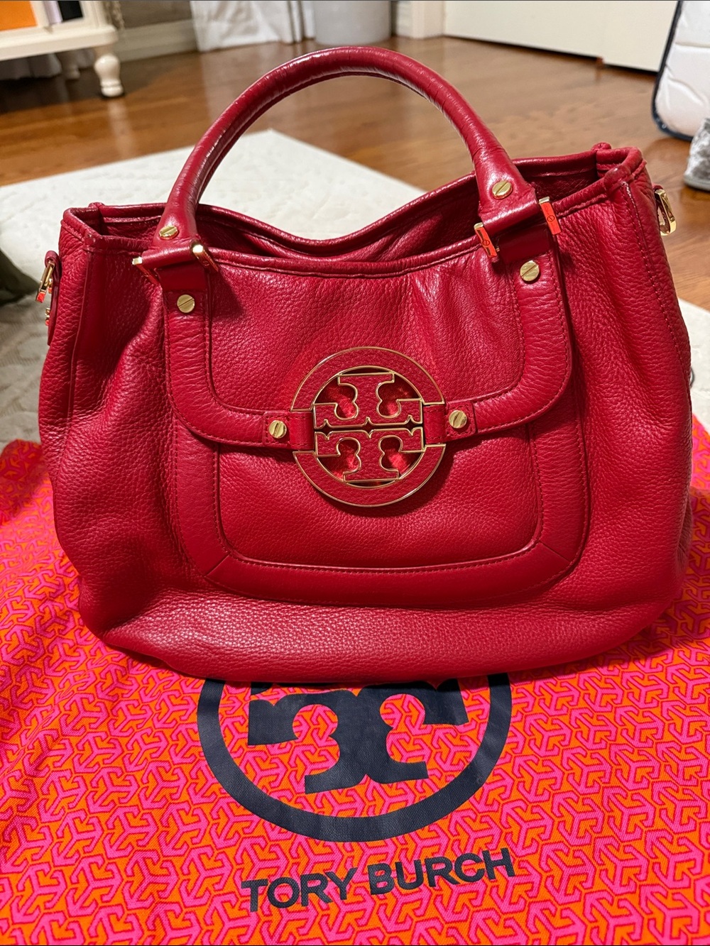 Tory Burch Red Pebbled Leather Tote with Gold Logo